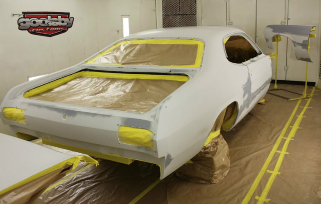 Custom 1974 Plymouth Hellcat Duster “Kasper” in the paint booth.