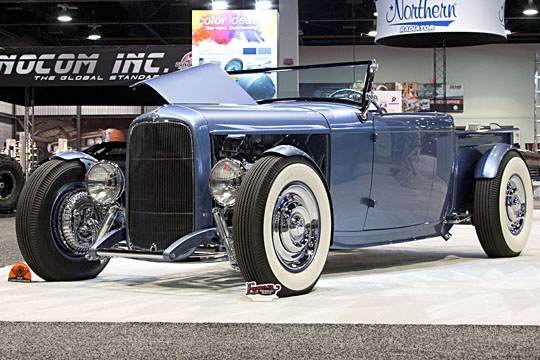 light blue 1932 ford roadster pickup sema show mothers shine award choice award winner