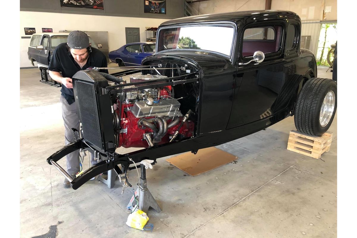 Customers Custom 1932 Ford Coupe 5 Window hotrod brought to Goolsby Customs for front end damage to be repaired.