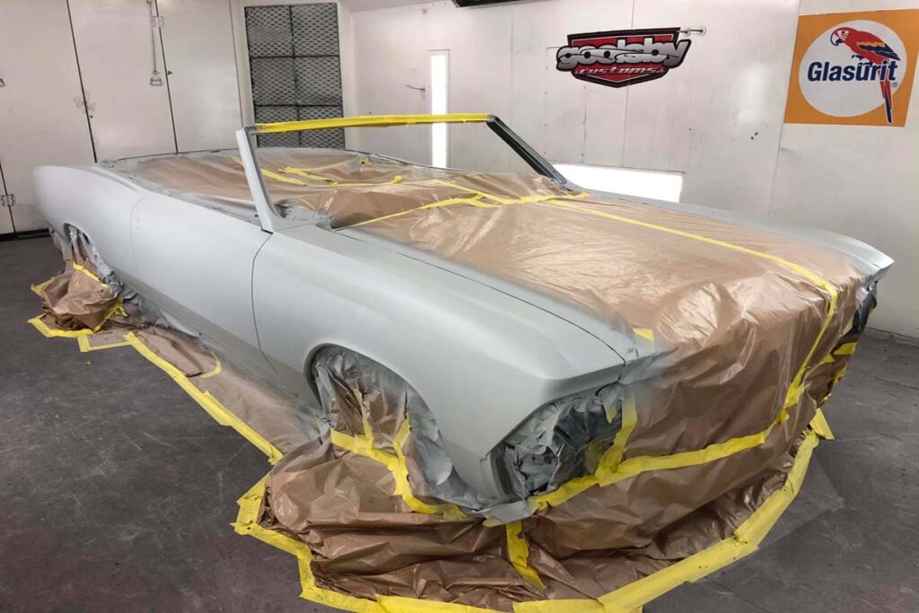 Custom 1966 Chevelle Convertible SS hot rod in the paint booth