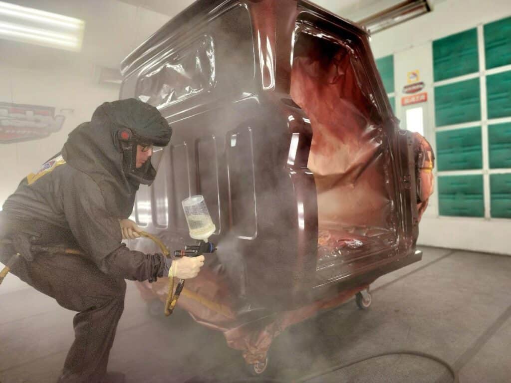 Custom Supercharged 1966 C10 Chevy Stepside Truck Shorty Restomod being painted by Jonathan Goolsby